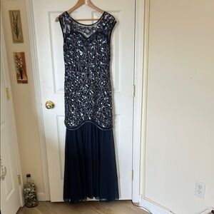 NWT Navy Blue Sleeveless Formal Gown with Scoop Neck